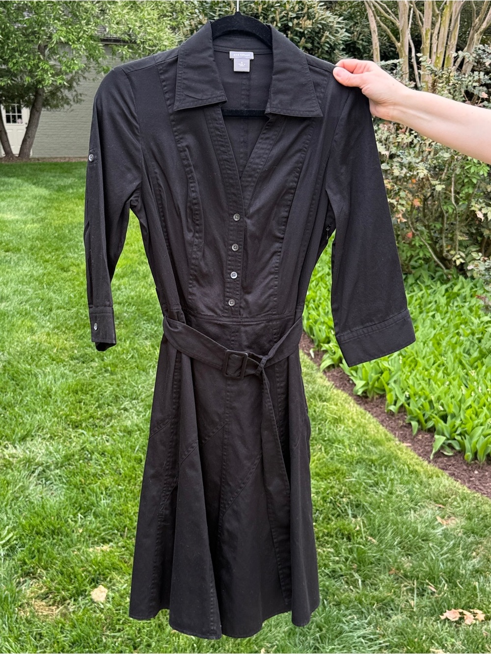 Ann Taylor Black Cotton Bracelet Sleeve Shirtdress w/Belt Size 8 Preppy Classic